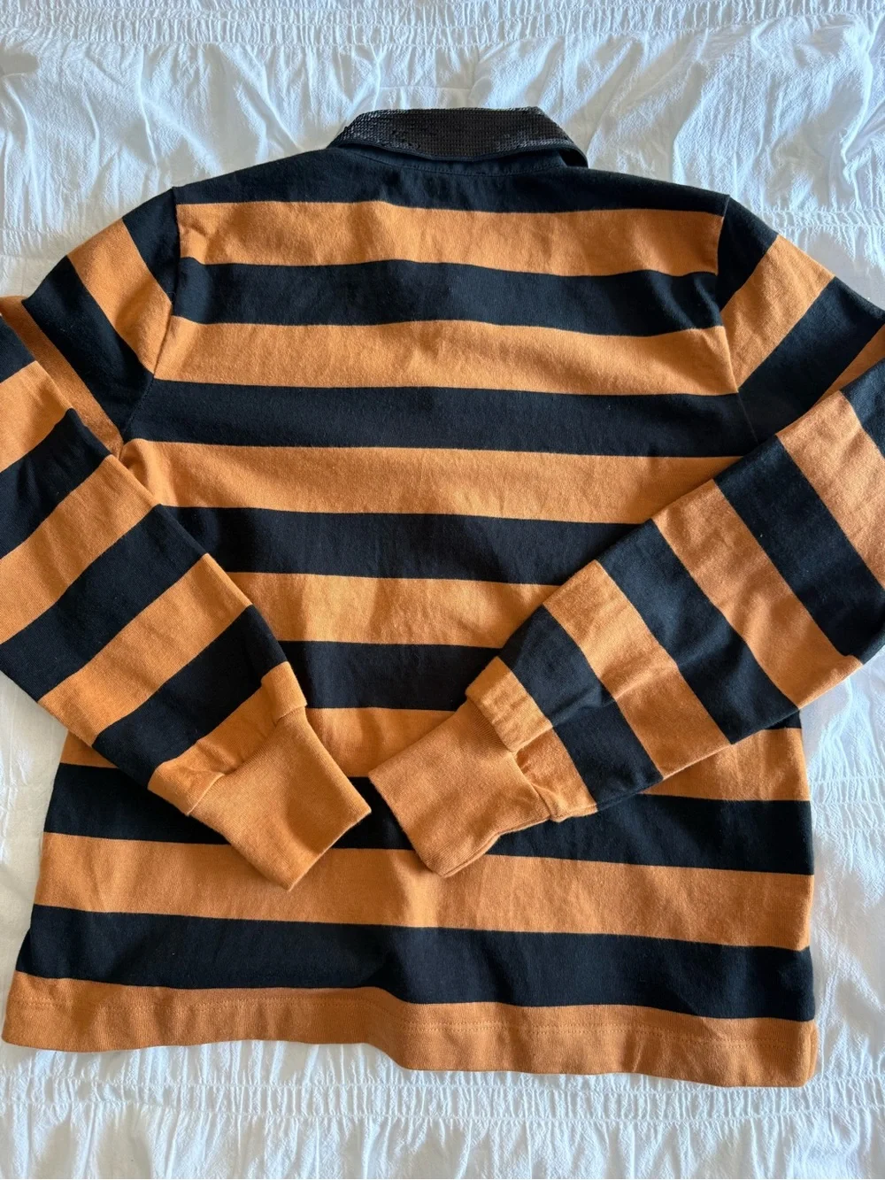 J. Crew Women’s Black and Orange Striped Rugby Polo with Sequin Collar Size M